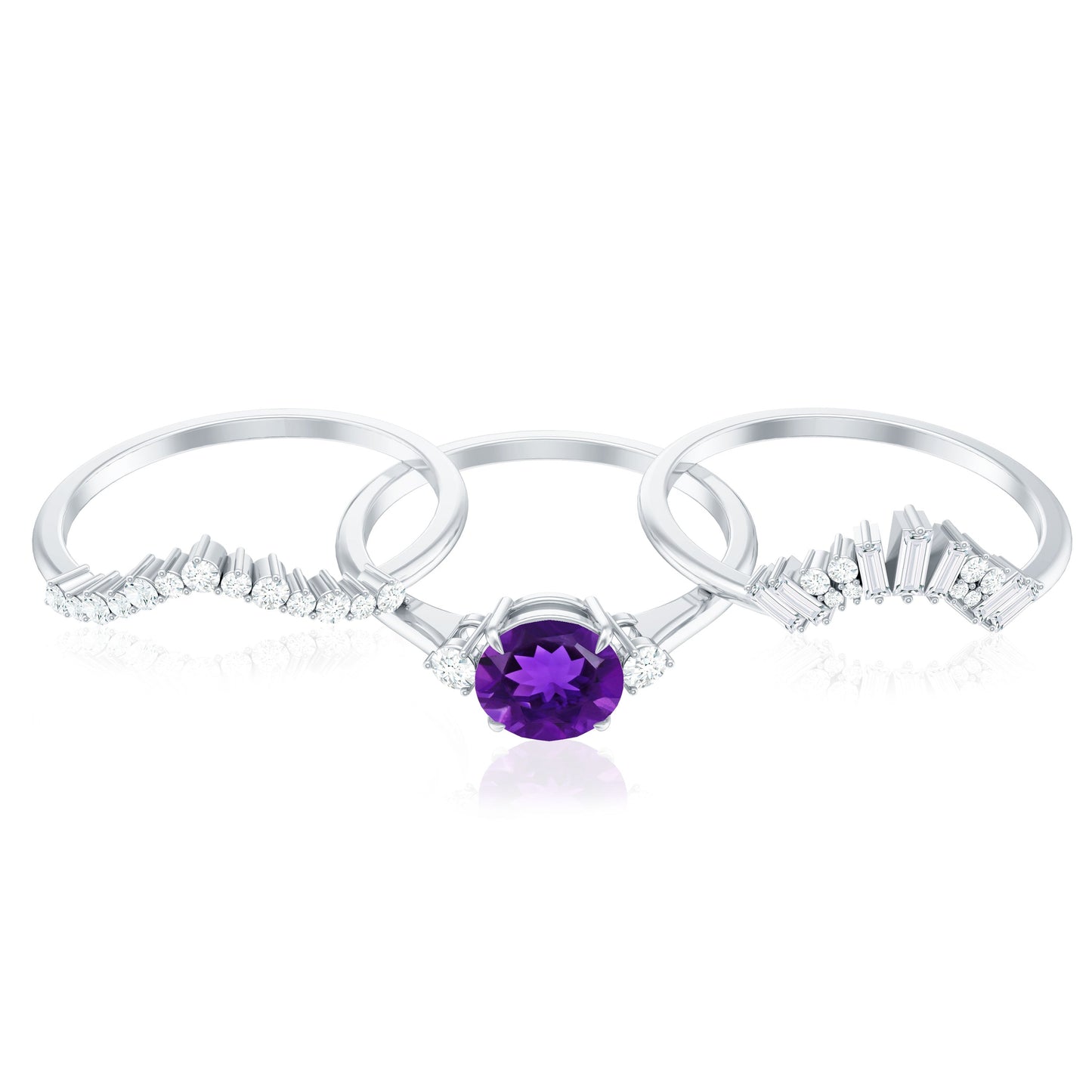 Natural 1.2 Carat Amethyst Diamond 3 Piece Bridal Ring Set