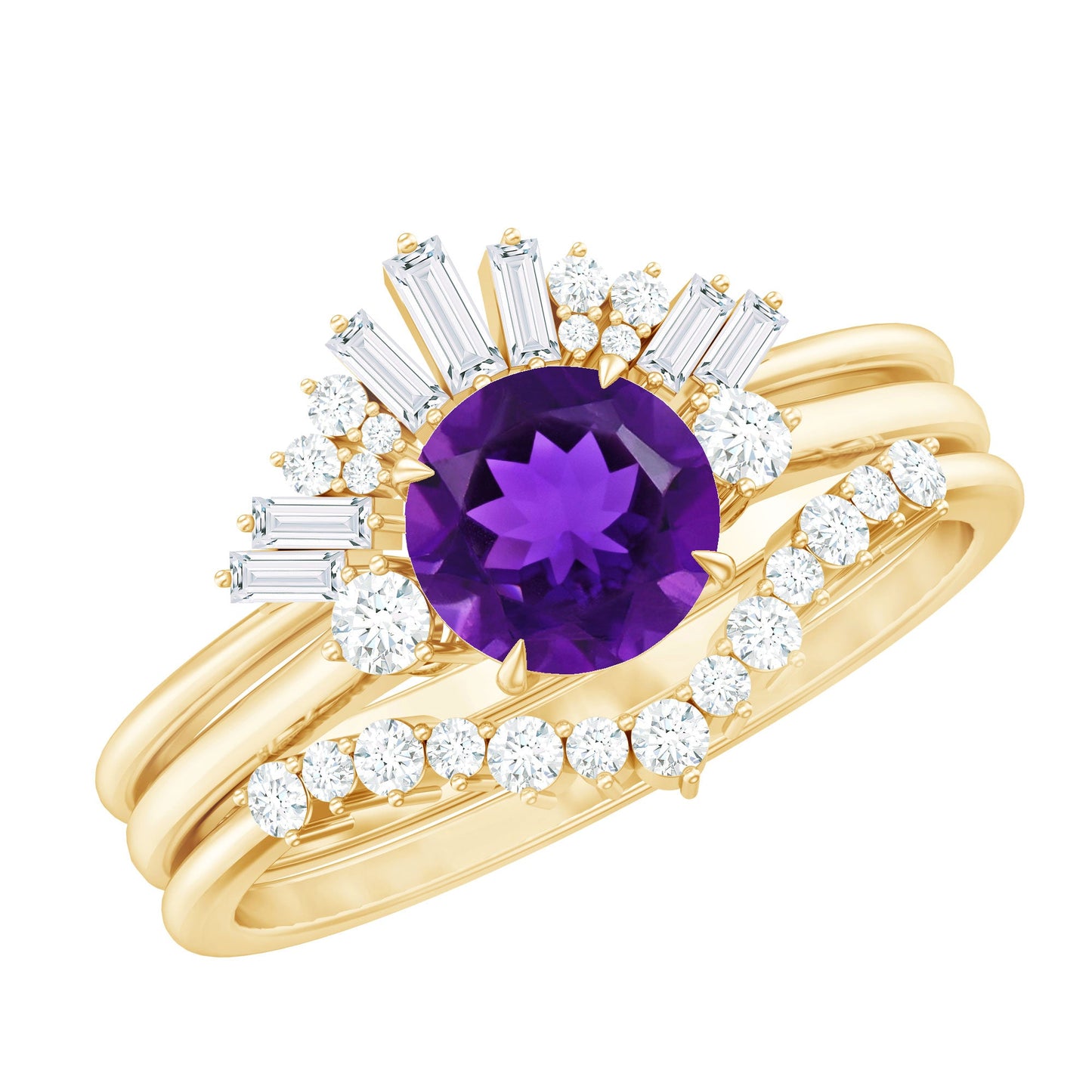 Natural 1.2 Carat Amethyst Diamond 3 Piece Bridal Ring Set