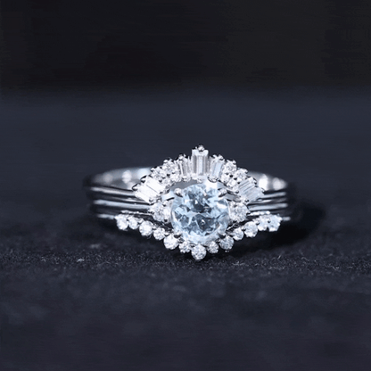 Real Aquamarine Designer Trio Wedding Ring Set with Diamond