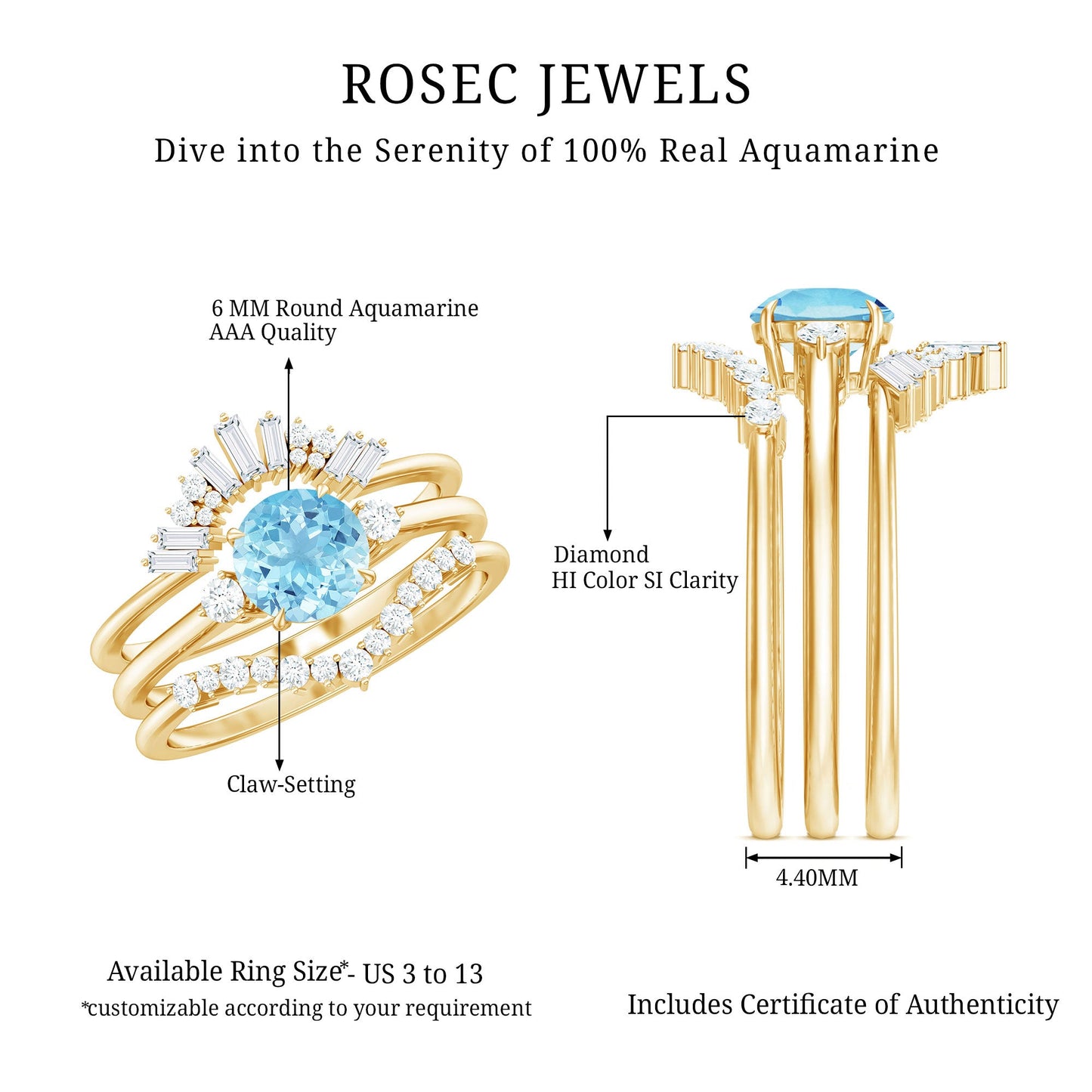 Real Aquamarine Designer Trio Wedding Ring Set with Diamond