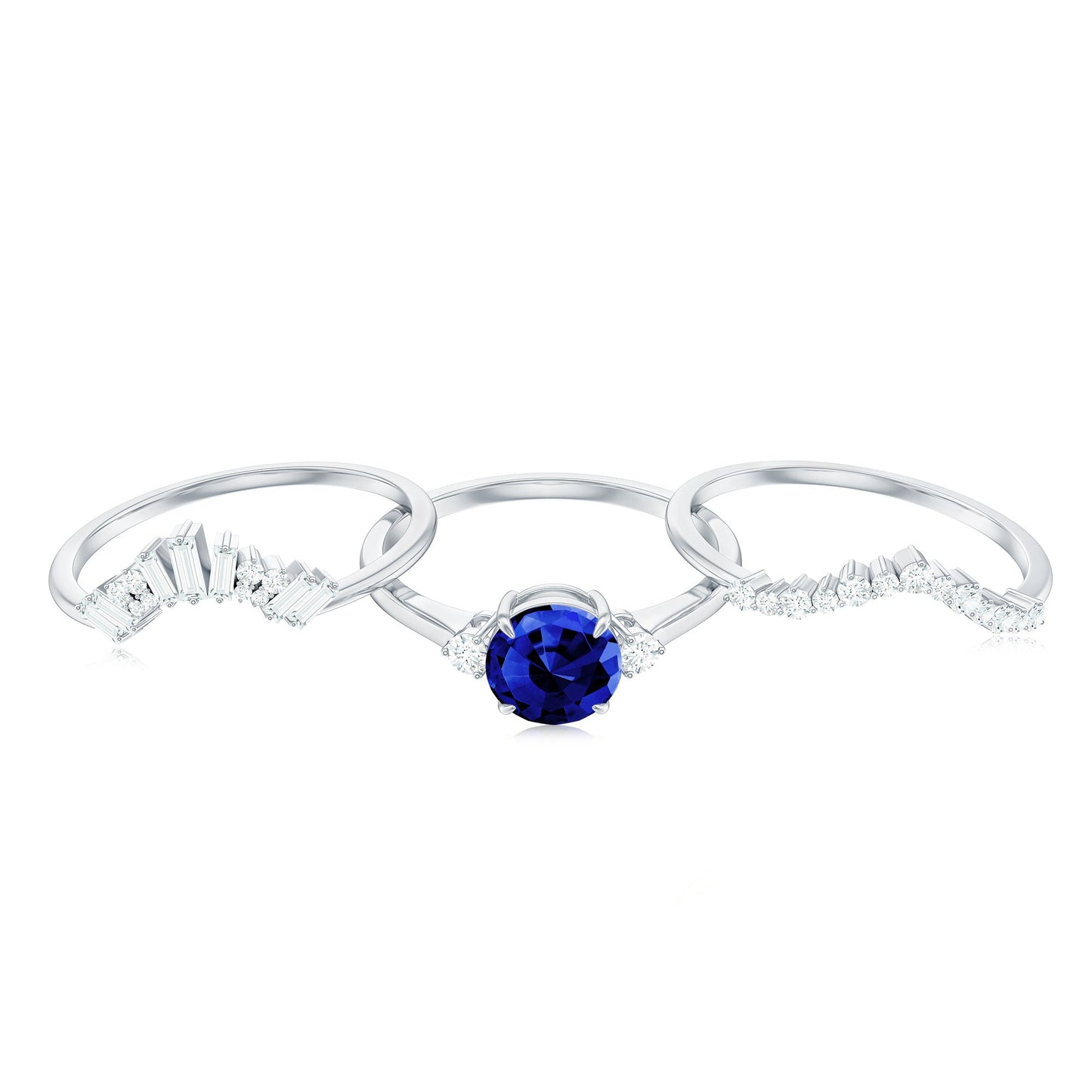 Certified 1 Carat Lab Grown Blue Sapphire 3 Piece Bridal Ring Set with Diamond