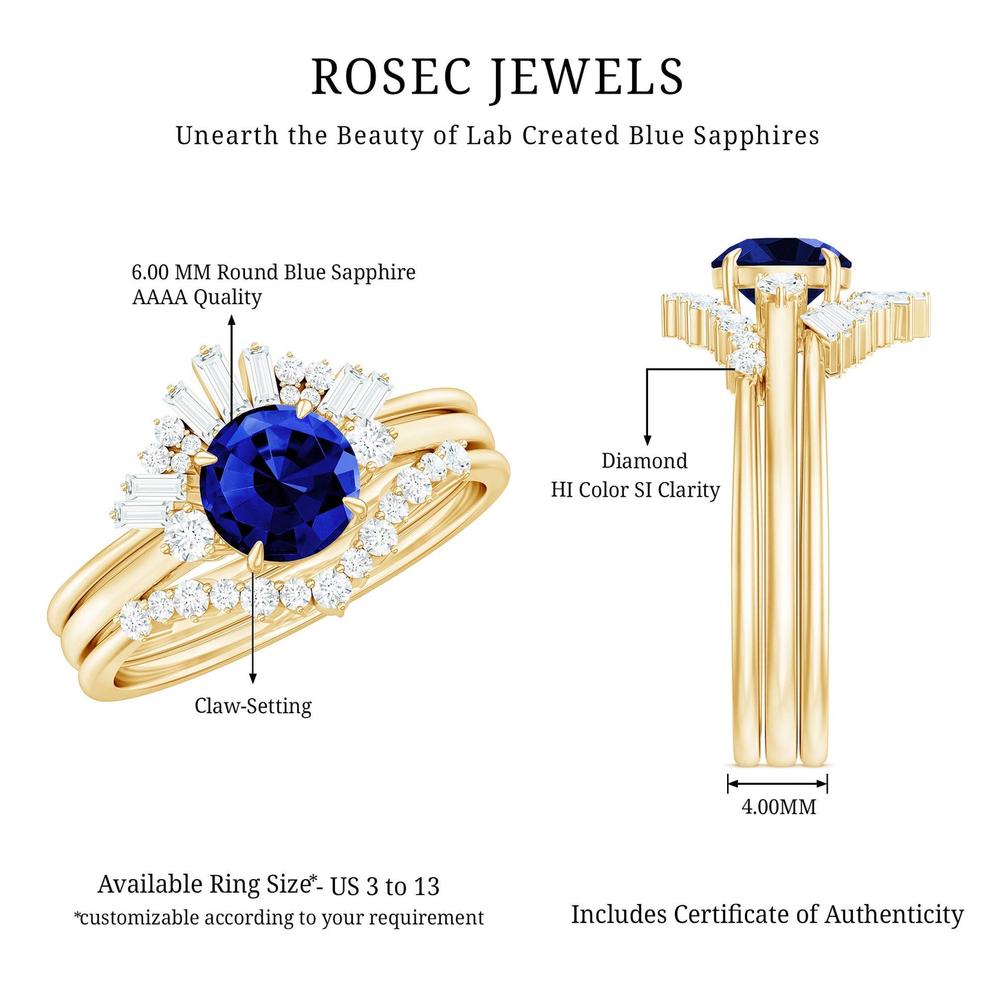 Certified 1 Carat Lab Grown Blue Sapphire 3 Piece Bridal Ring Set with Diamond