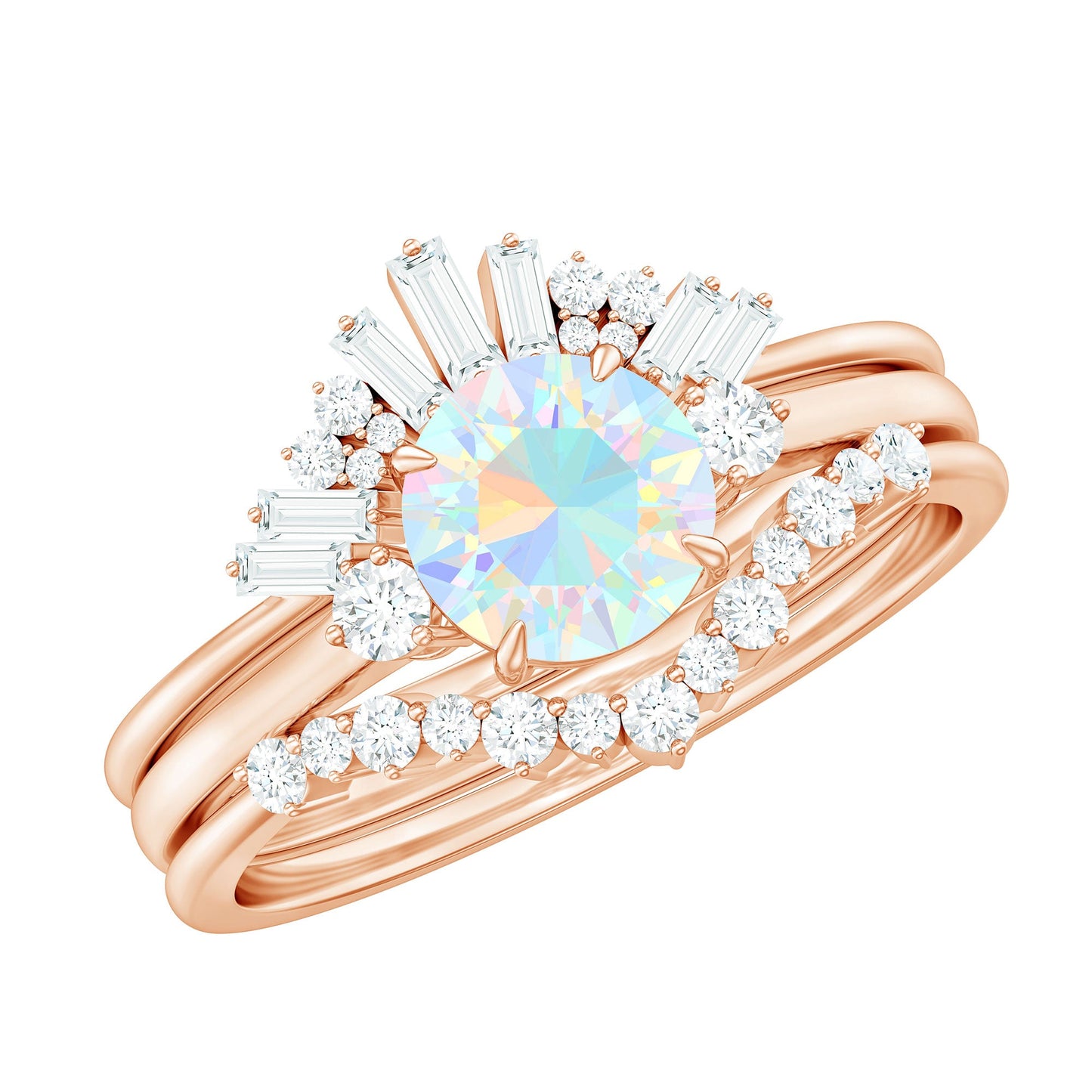 0.8 Carat Natural Ethiopian Rainbow Opal Diamond Wedding Bridal Ring Set of 3