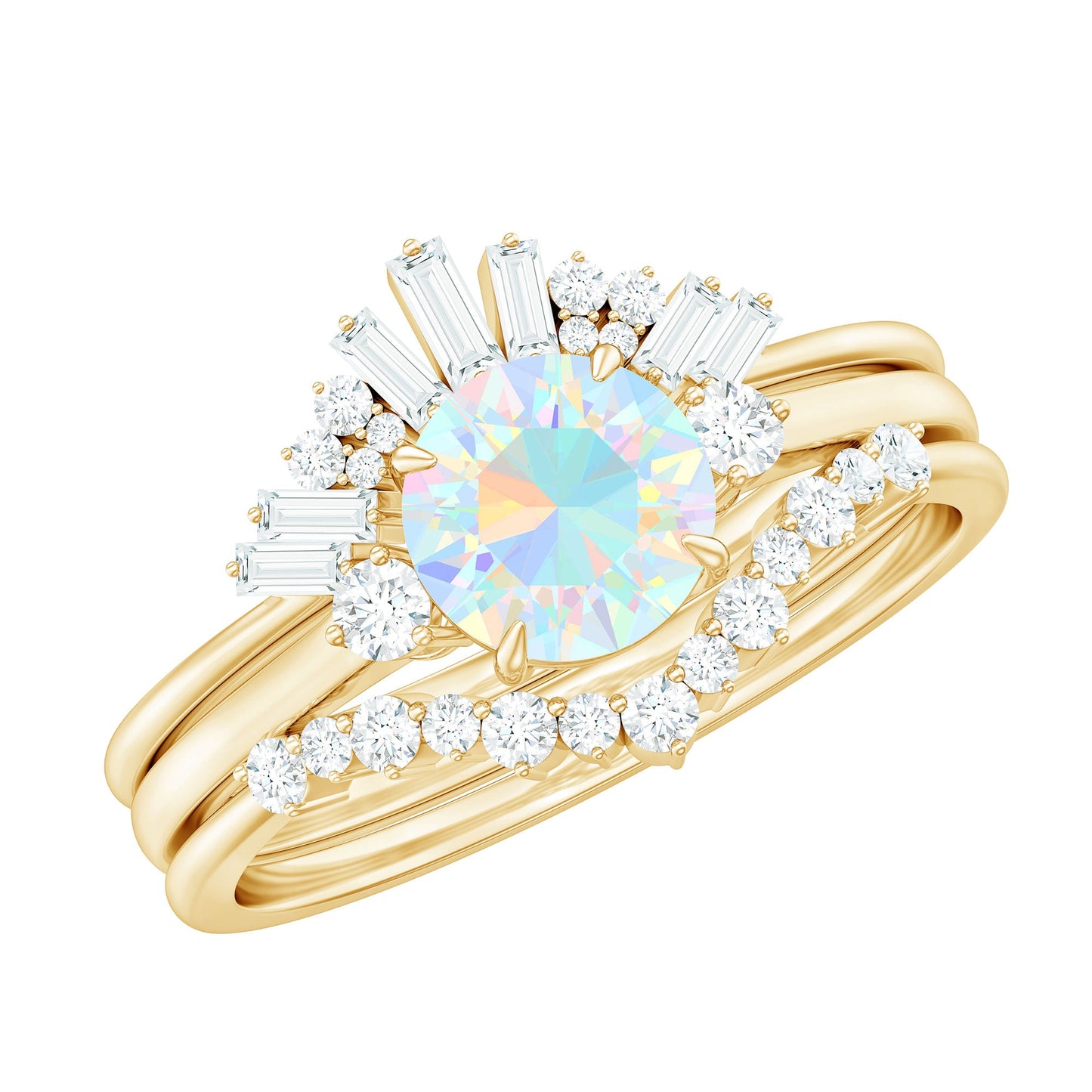 0.8 Carat Natural Ethiopian Rainbow Opal Diamond Wedding Bridal Ring Set of 3