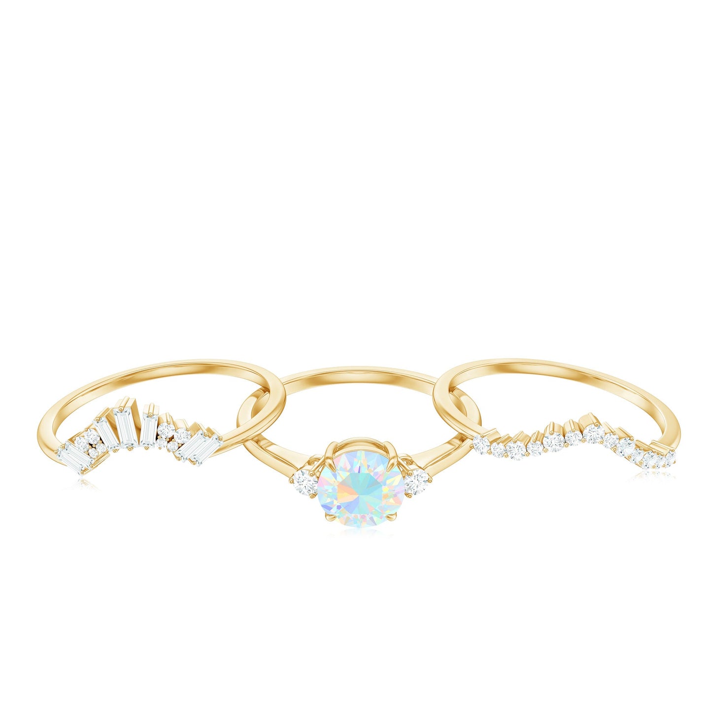0.8 Carat Natural Ethiopian Rainbow Opal Diamond Wedding Bridal Ring Set of 3