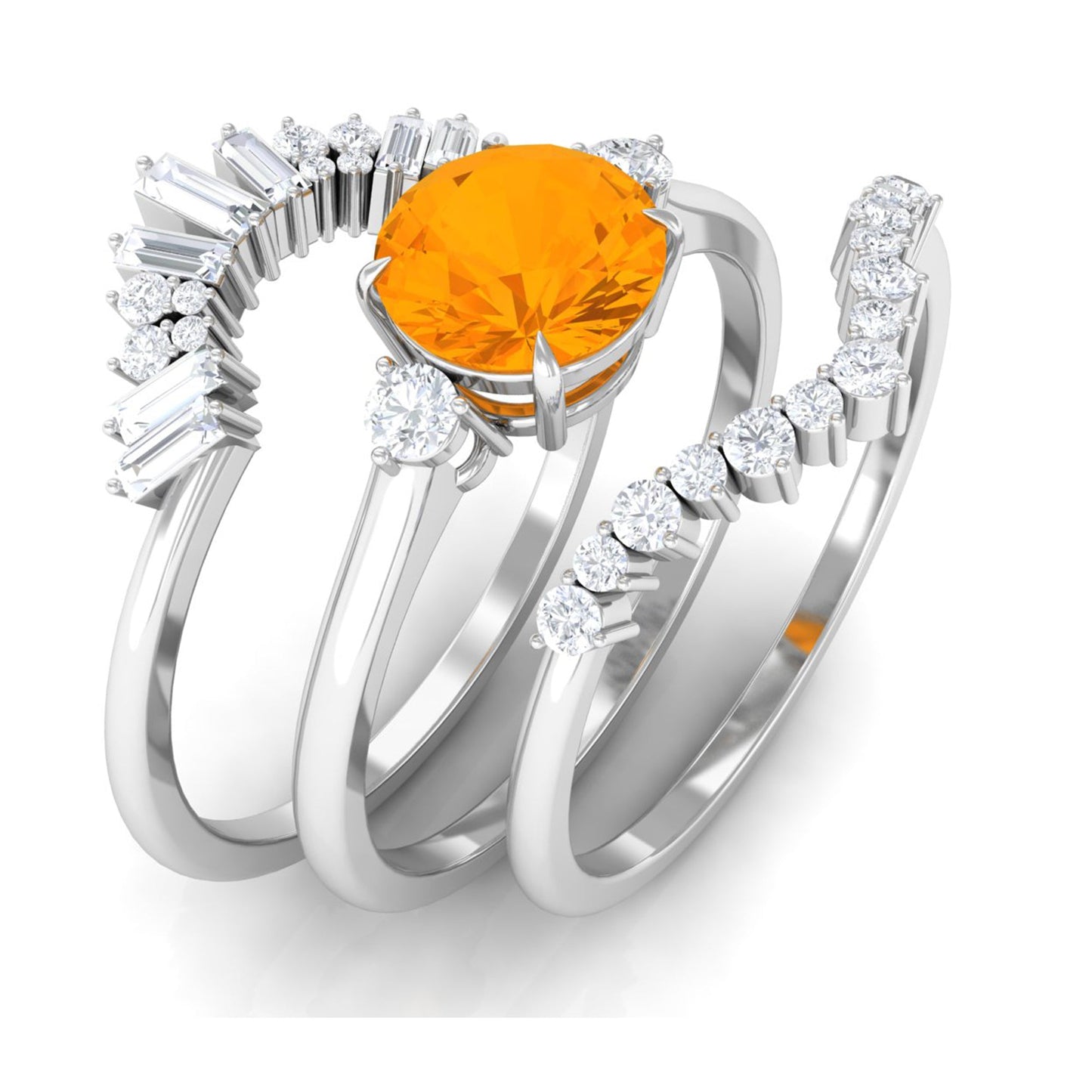 Fire Opal Designer Trio Wedding Ring Set with Moissanite
