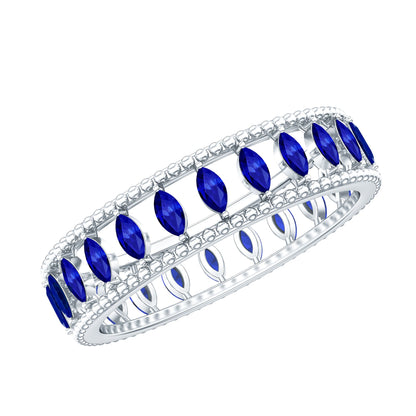 Marquise Cut Created Blue Sapphire Eternity Band with Beaded Detailing