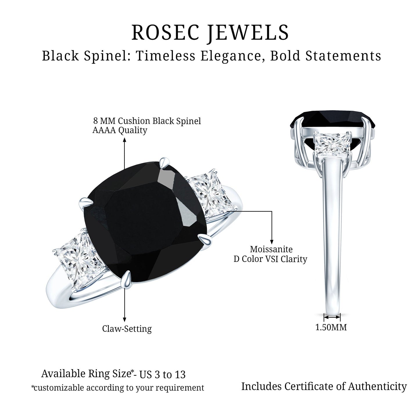 Cushion Cut Black Spinel Solitaire Engagement Ring with Moissanite