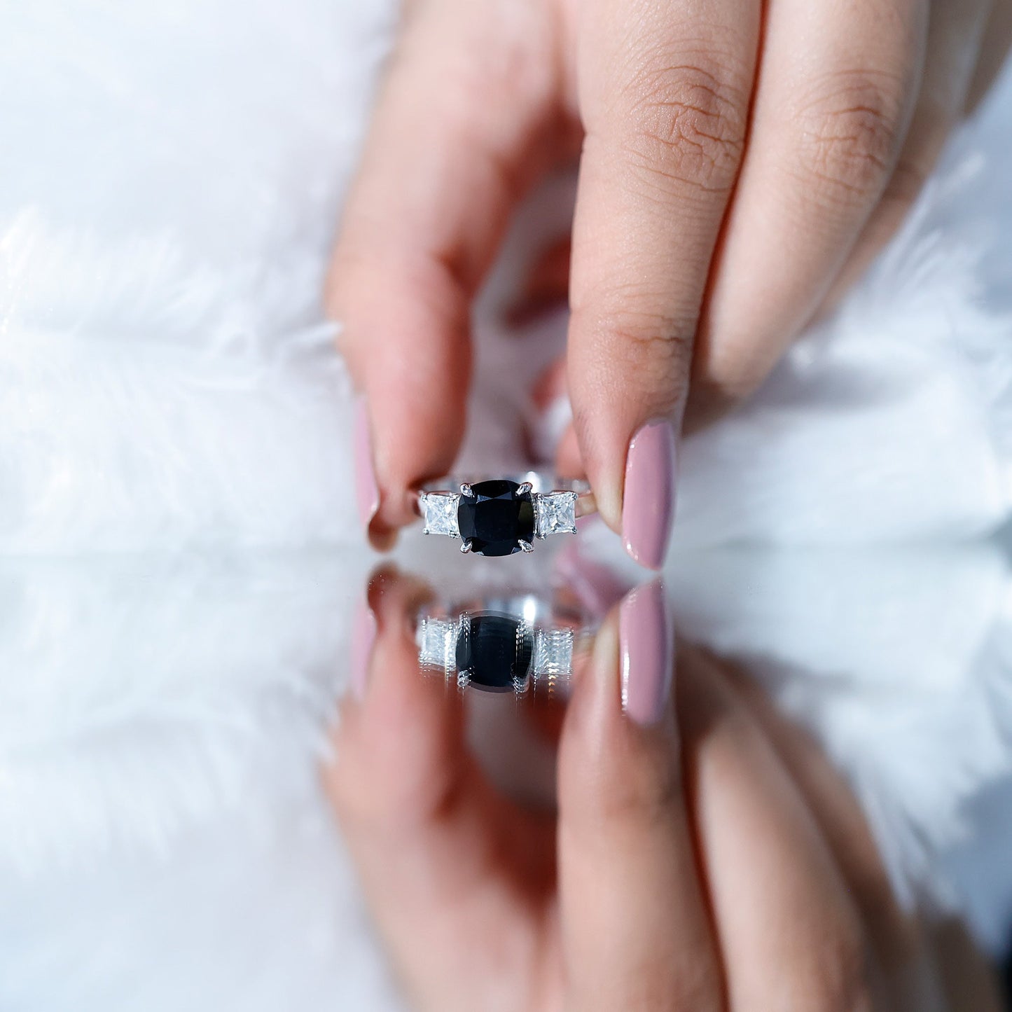 Cushion Cut Black Spinel Solitaire Engagement Ring with Moissanite