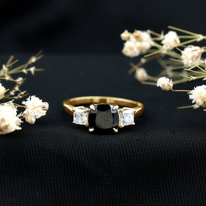 Cushion Cut Black Spinel Solitaire Engagement Ring with Moissanite