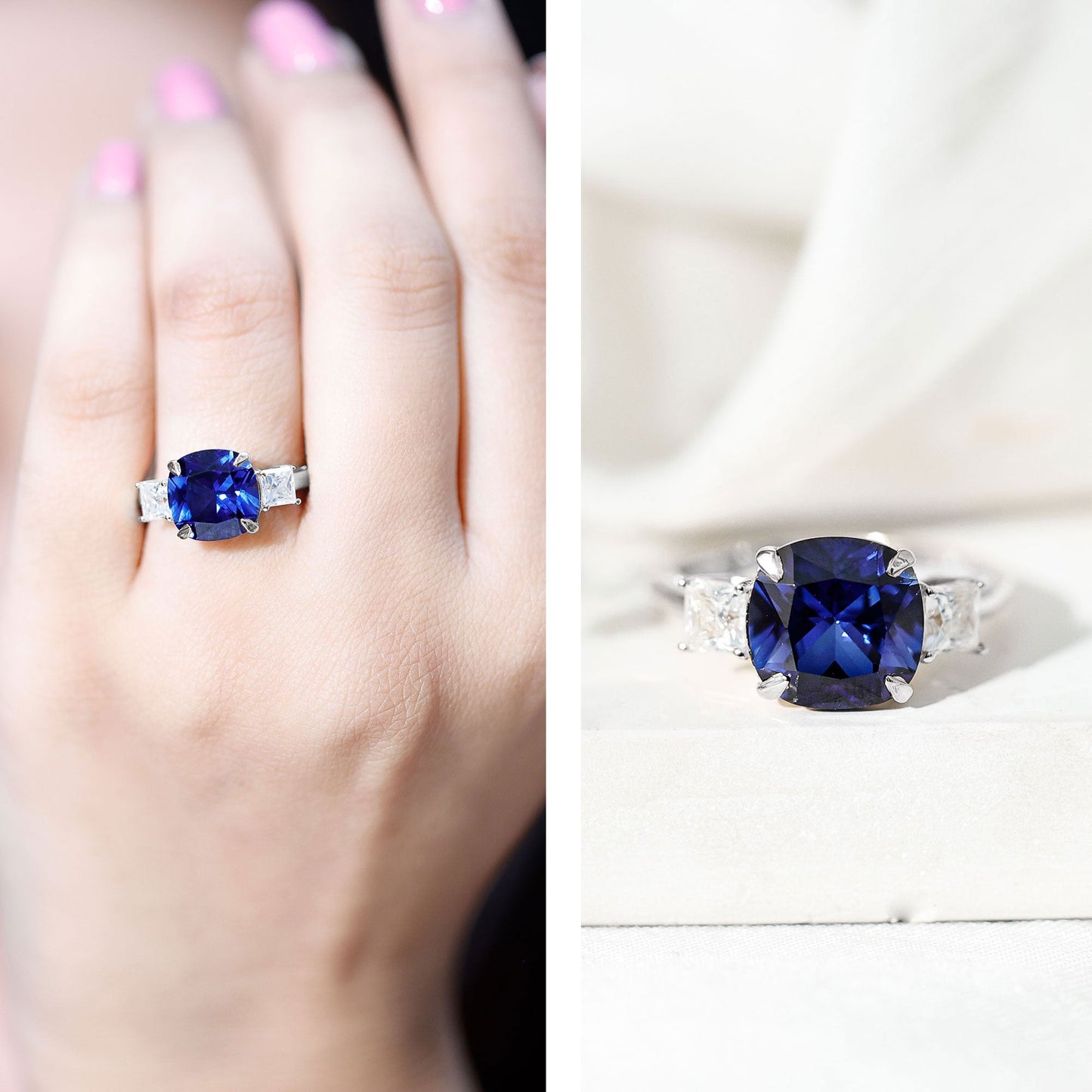 Certified 5.98 Carat Lab Grown Blue Sapphire Big Engagement Ring with Moissanite