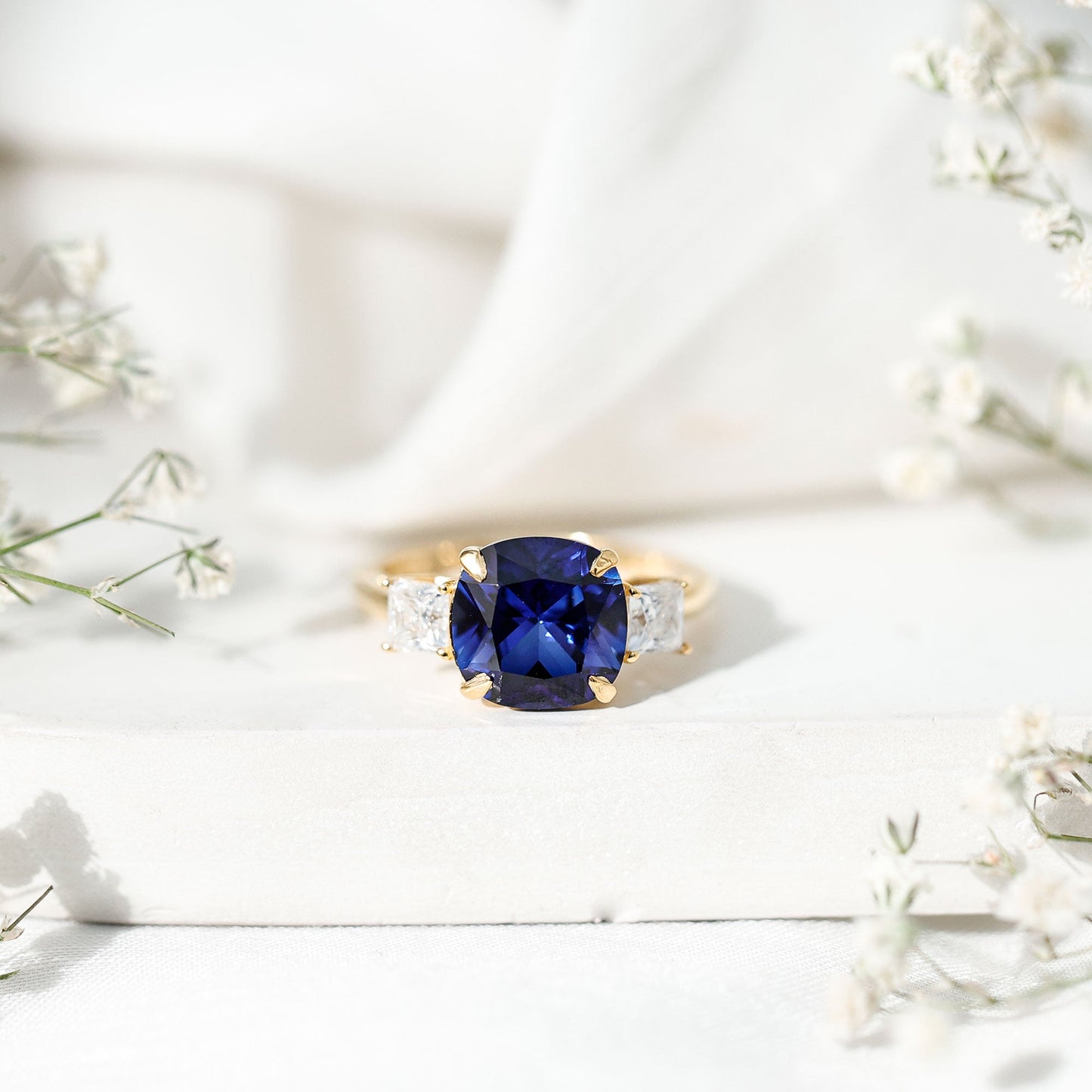 Certified 5.98 Carat Lab Grown Blue Sapphire Big Engagement Ring with Moissanite