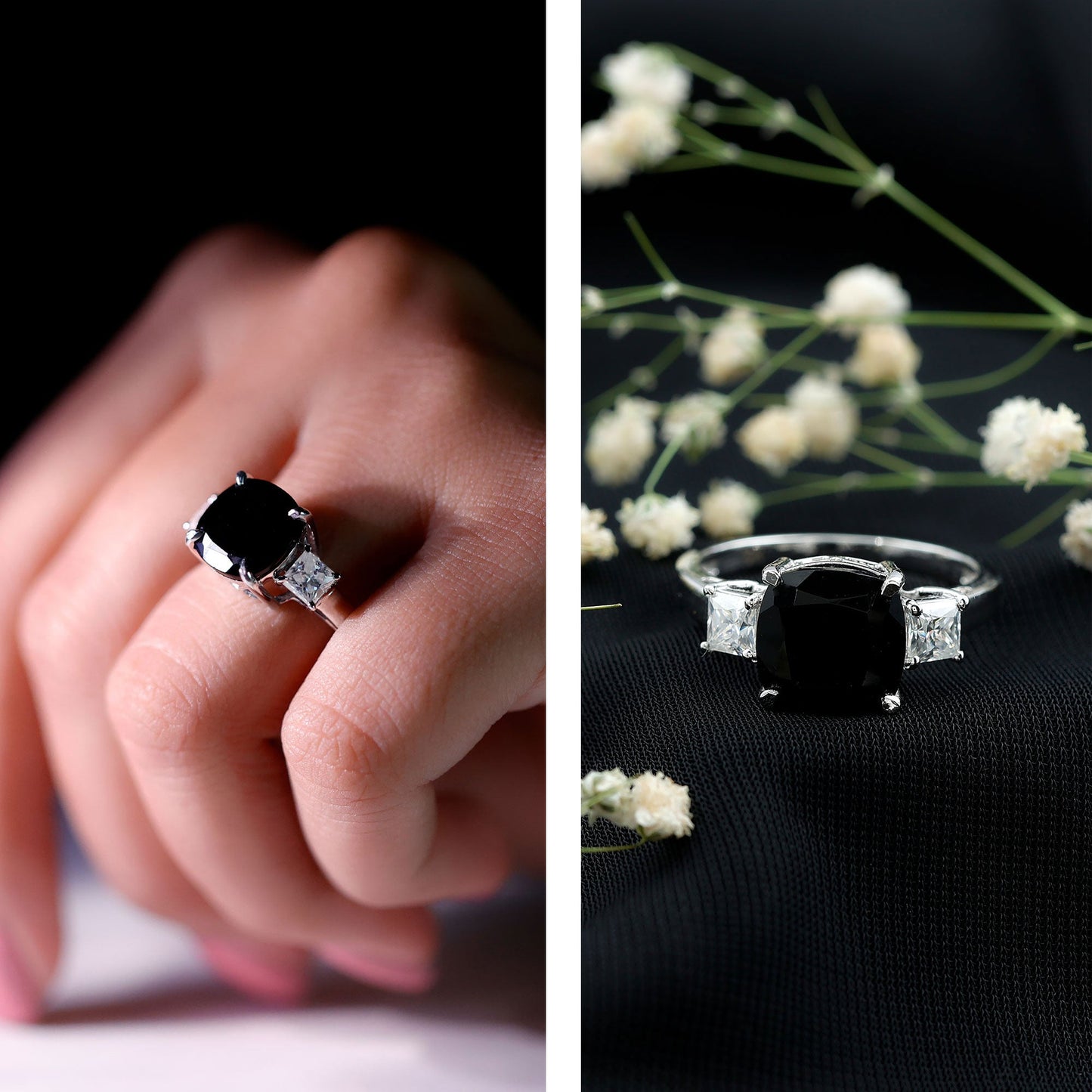 3.8 Carat Cushion Cut Lab Grown Black Diamond Three Engagement Ring with Moissanite