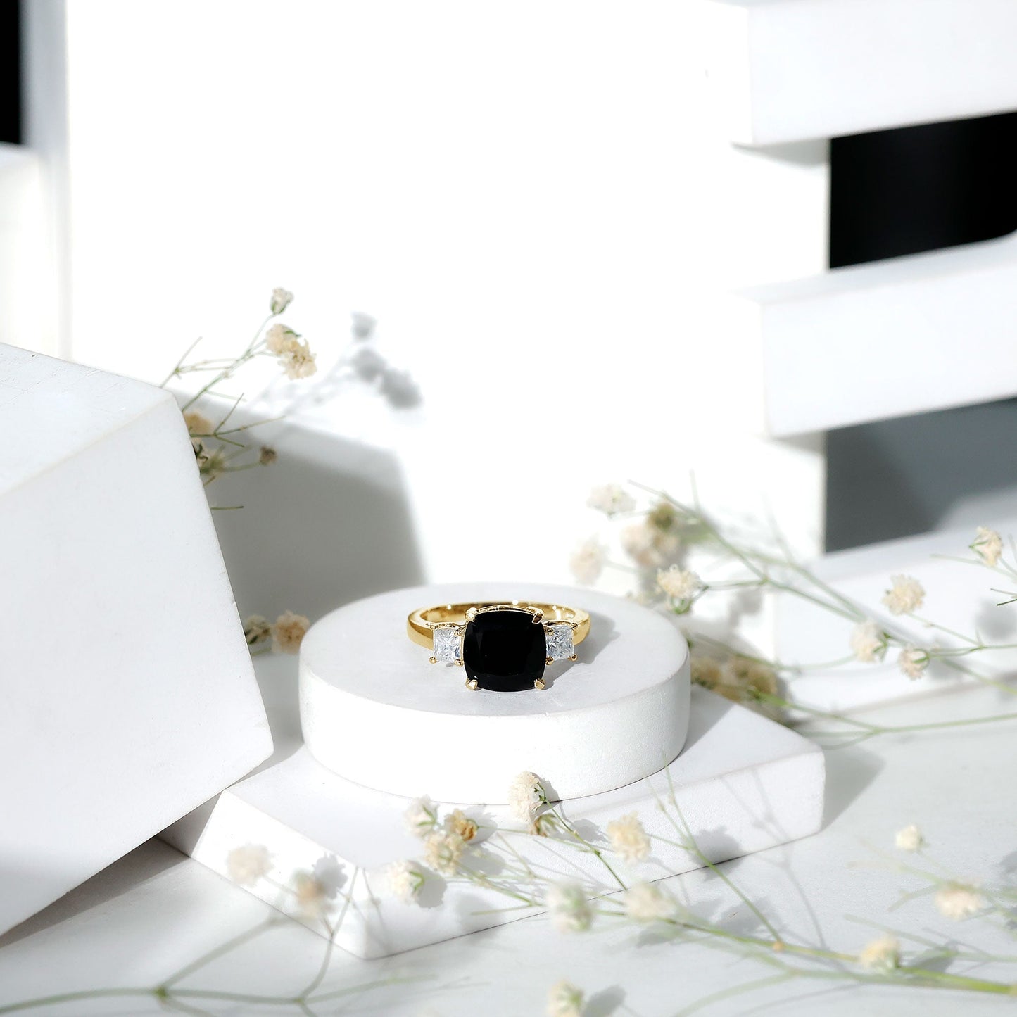 3.8 Carat Cushion Cut Lab Grown Black Diamond Three Engagement Ring with Moissanite