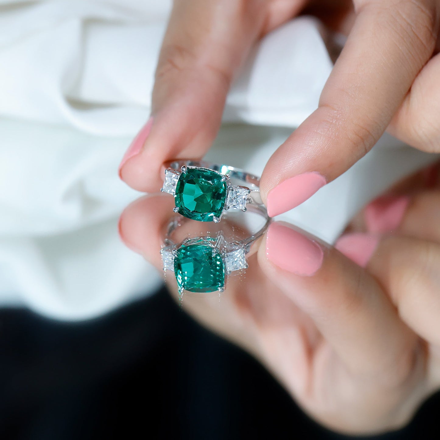Lab Grown Emerald Cushion Engagement Ring with Moissanite