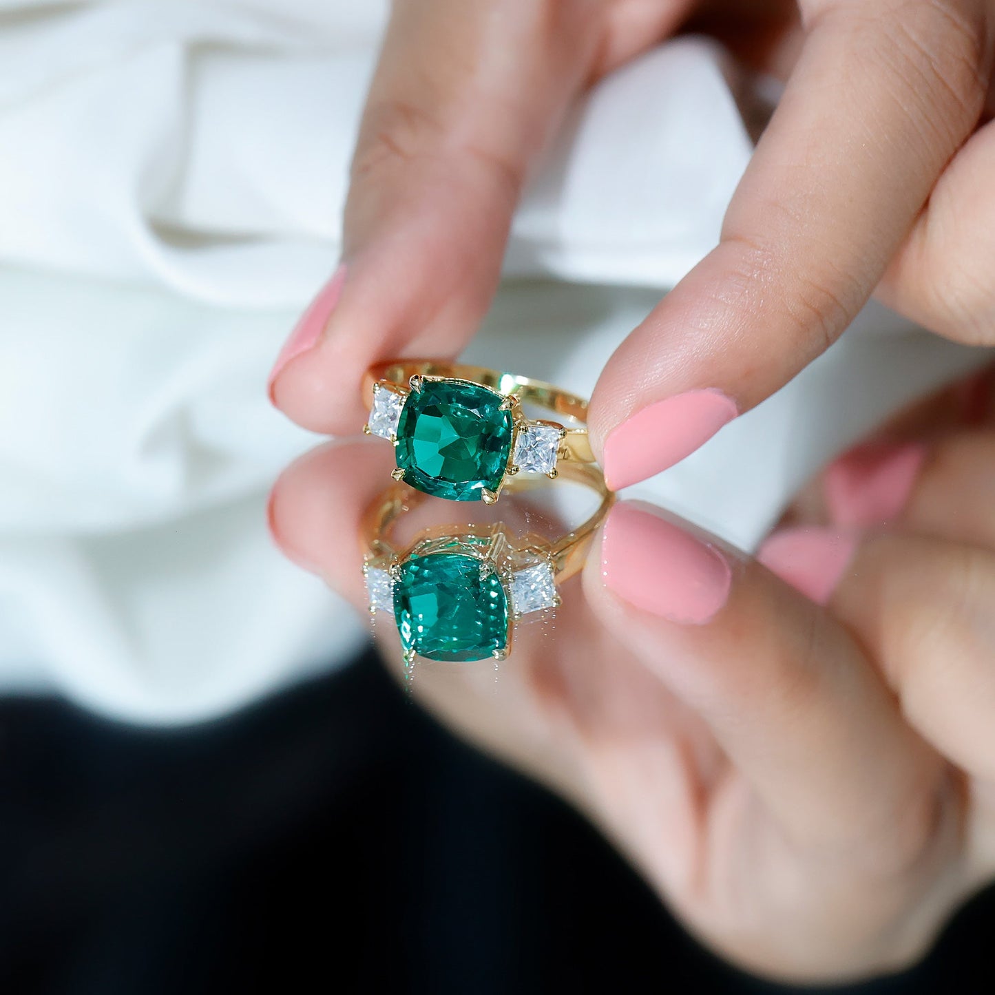 Lab Grown Emerald Cushion Engagement Ring with Moissanite
