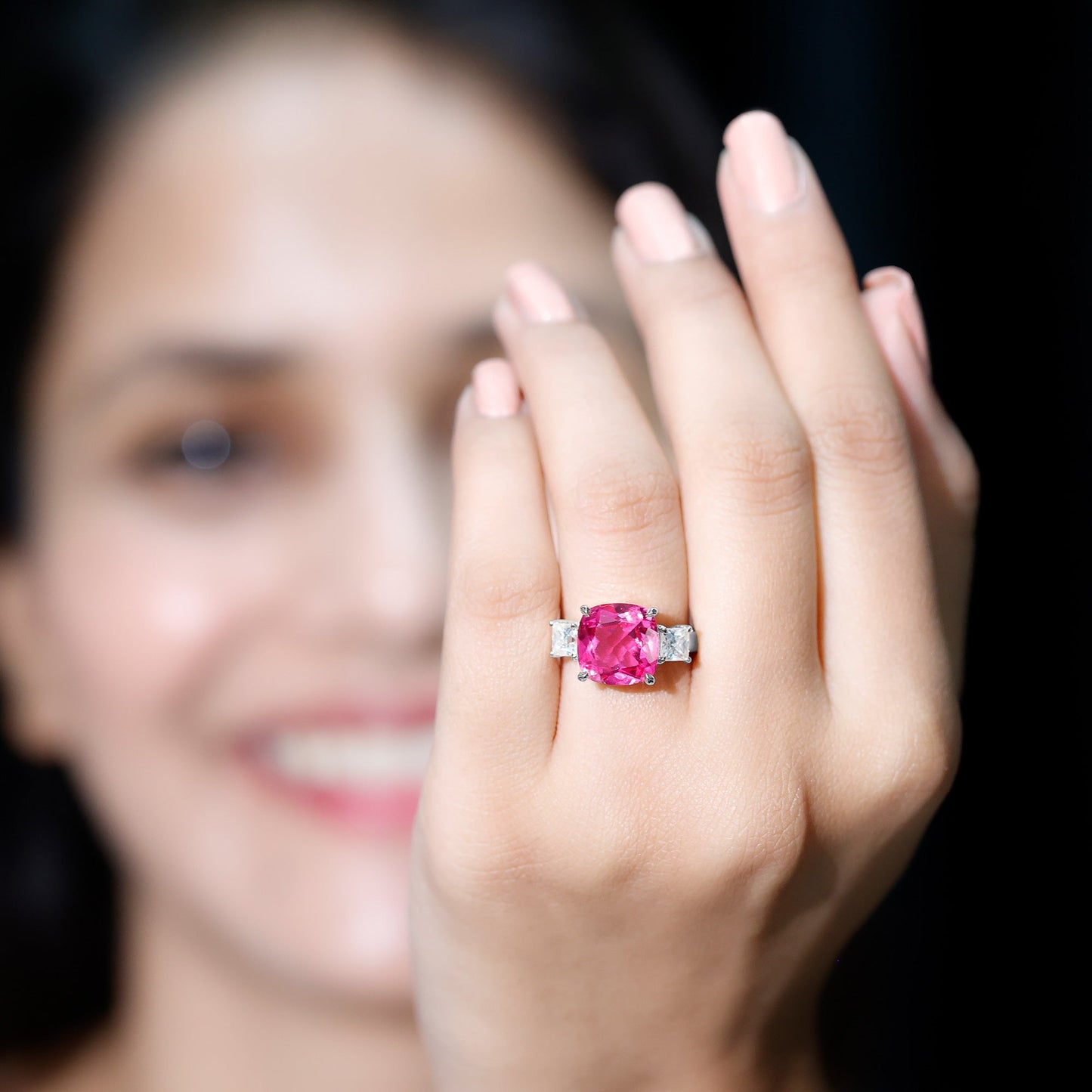 Lab Grown Pink Sapphire Past Present Future Engagement Ring