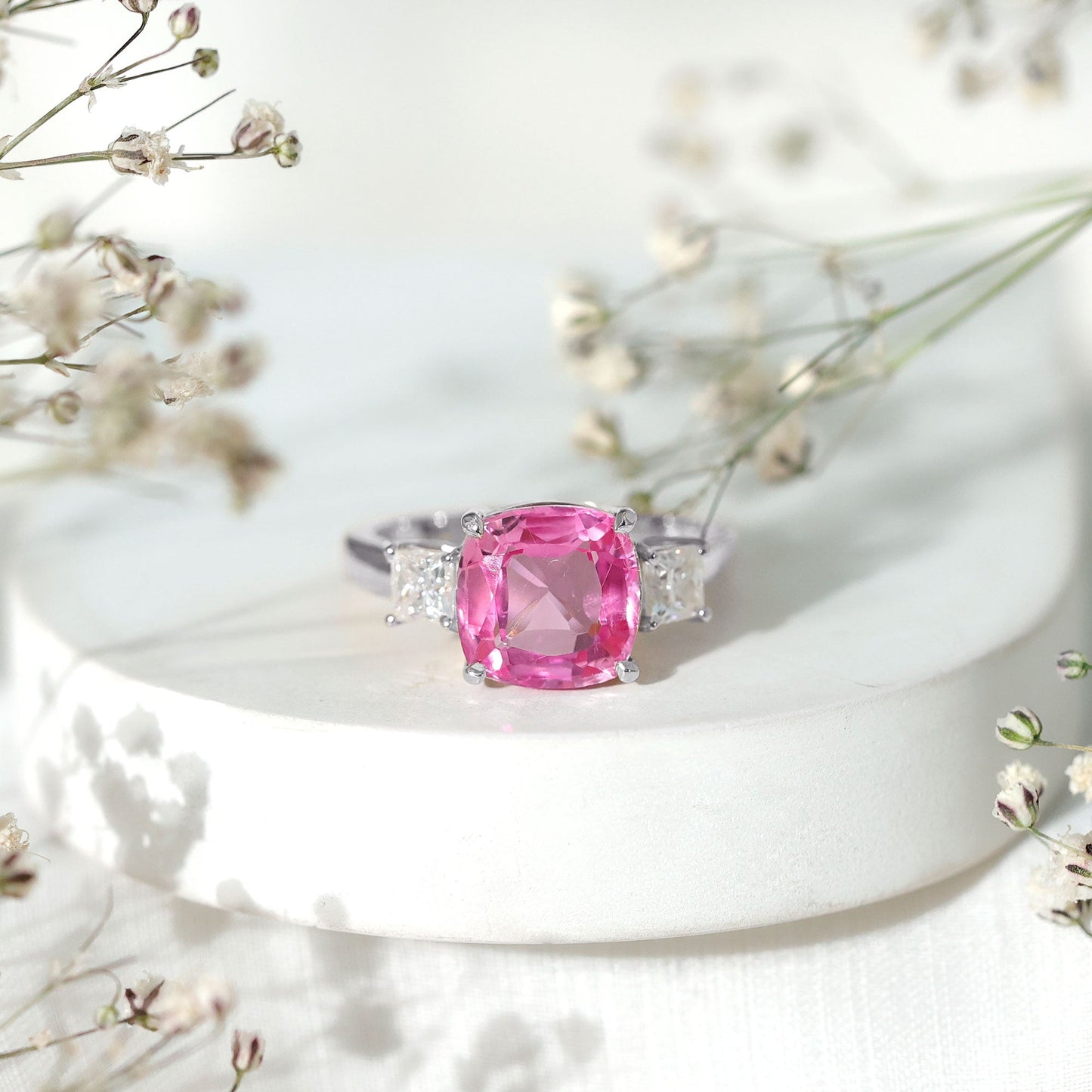 Lab Grown Pink Sapphire Past Present Future Engagement Ring