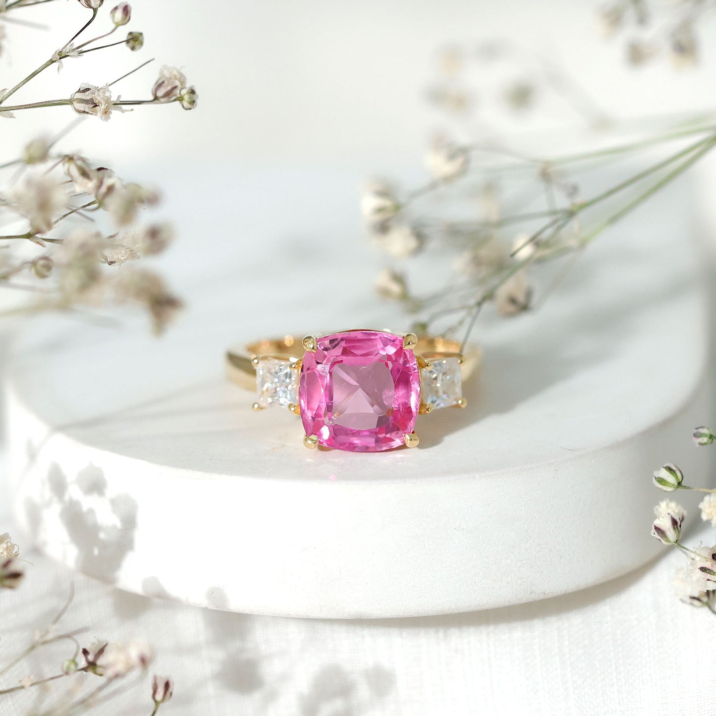 Lab Grown Pink Sapphire Past Present Future Engagement Ring