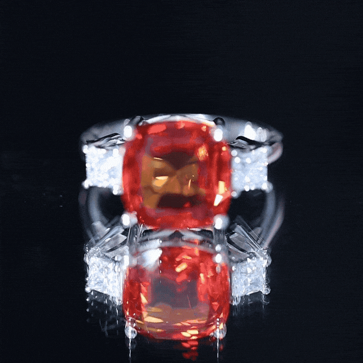9 Carat Cushion Cut Lab Grown Orange Sapphire 3 Stone Engagement Ring