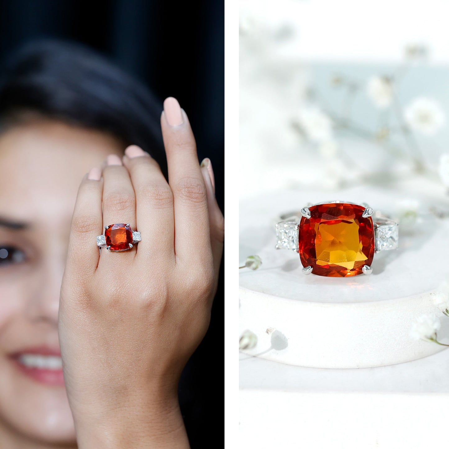 9 Carat Cushion Cut Lab Grown Orange Sapphire 3 Stone Engagement Ring