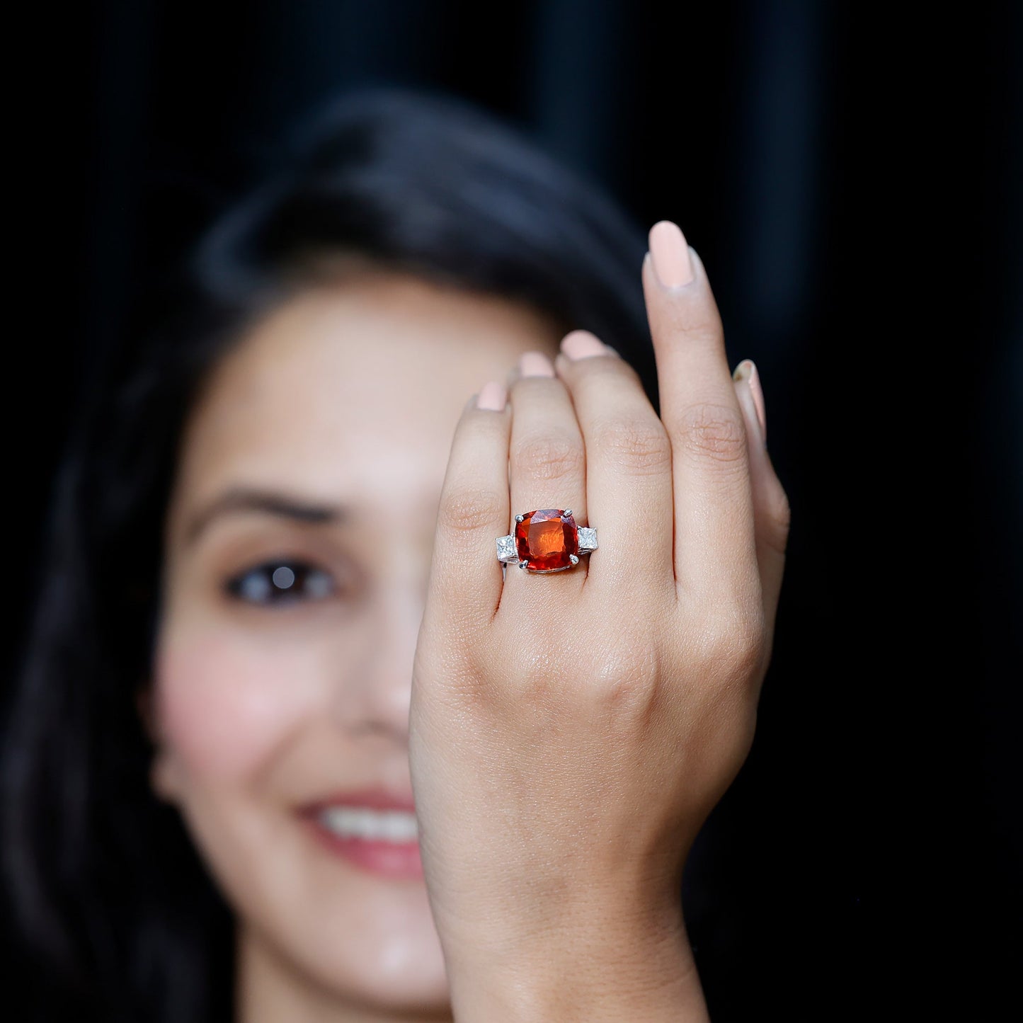9 Carat Cushion Cut Lab Grown Orange Sapphire 3 Stone Engagement Ring
