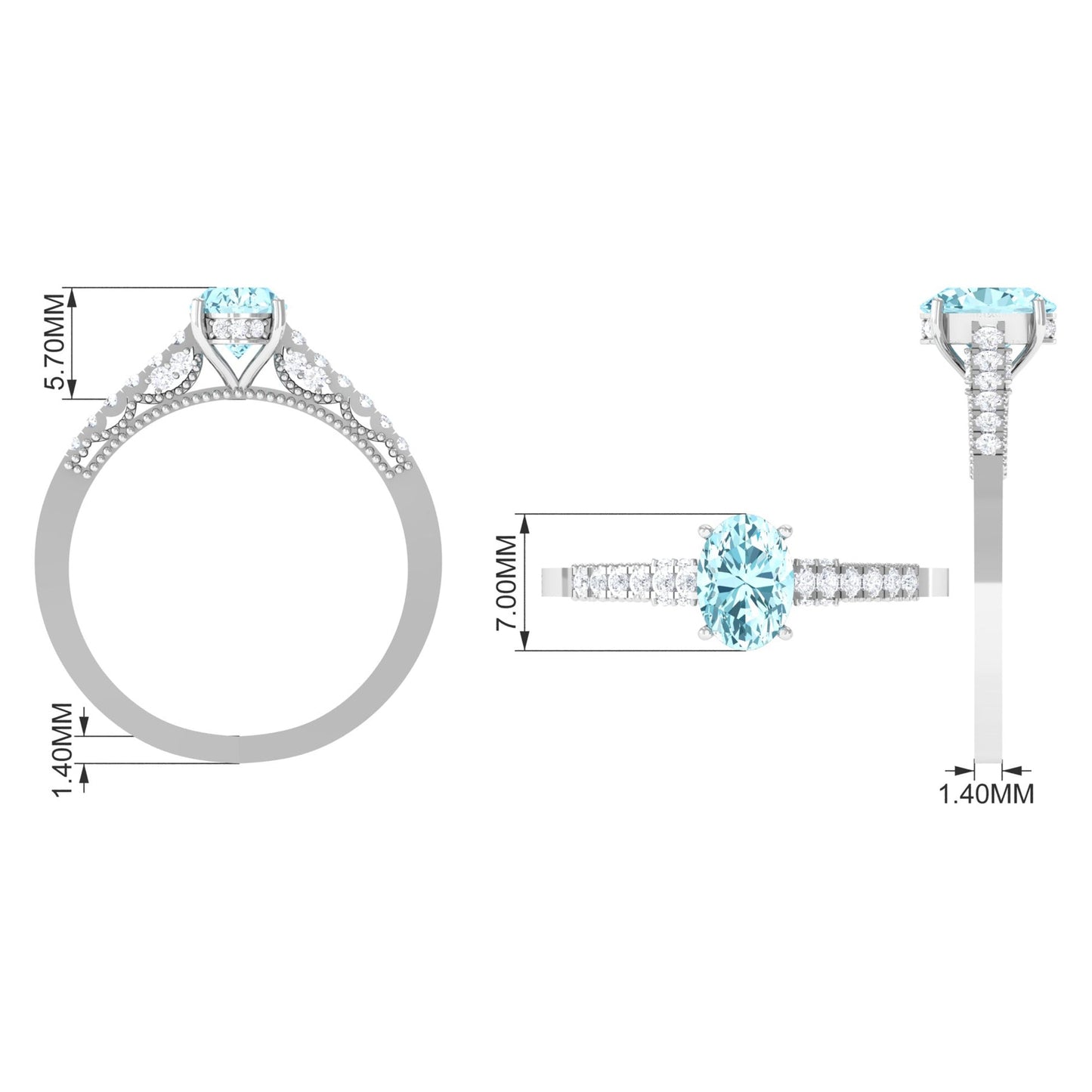 1 Carat Genuine Aquamarine Oval Engagement Ring with Diamond Side Stones