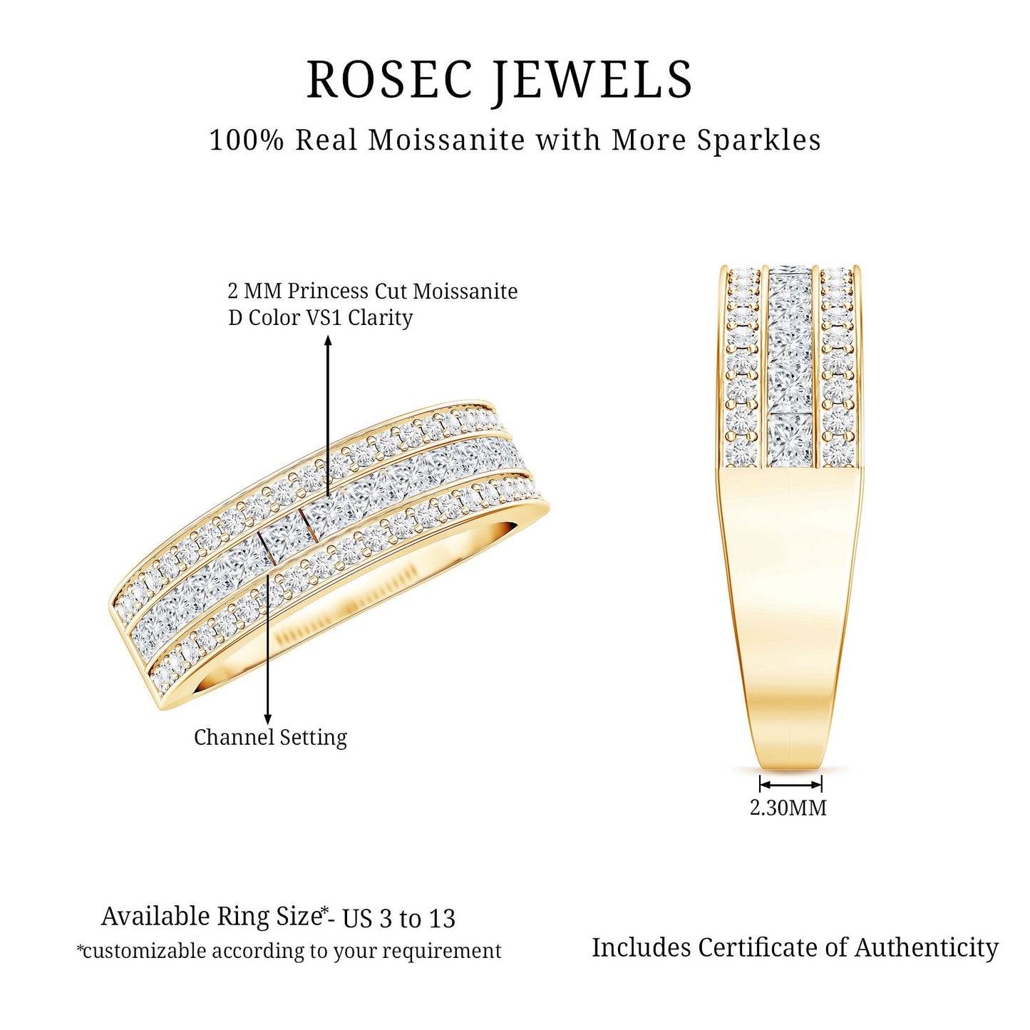 Moissanite 3 Row Eternity Band Ring for Women