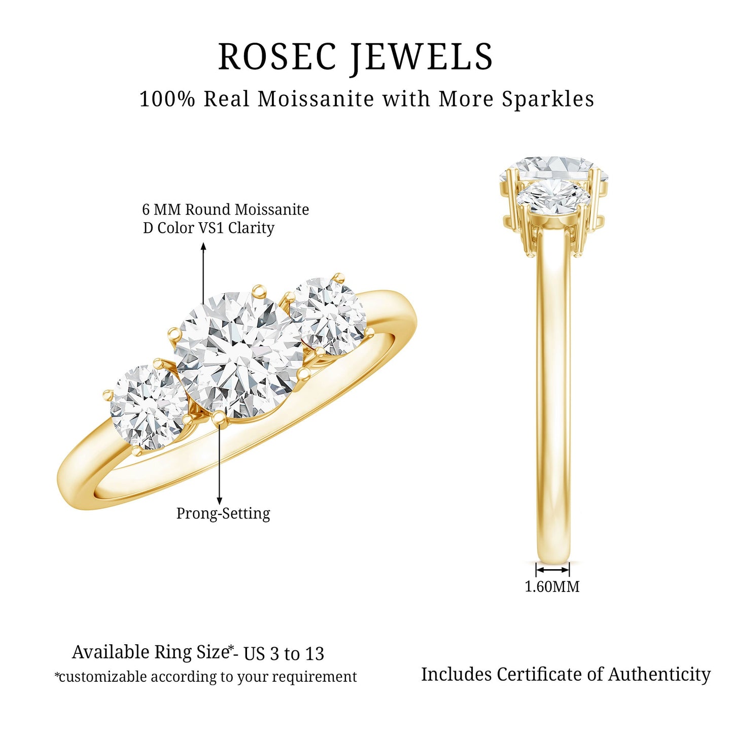 Certified Moissanite Three Stone Engagement Ring For Her