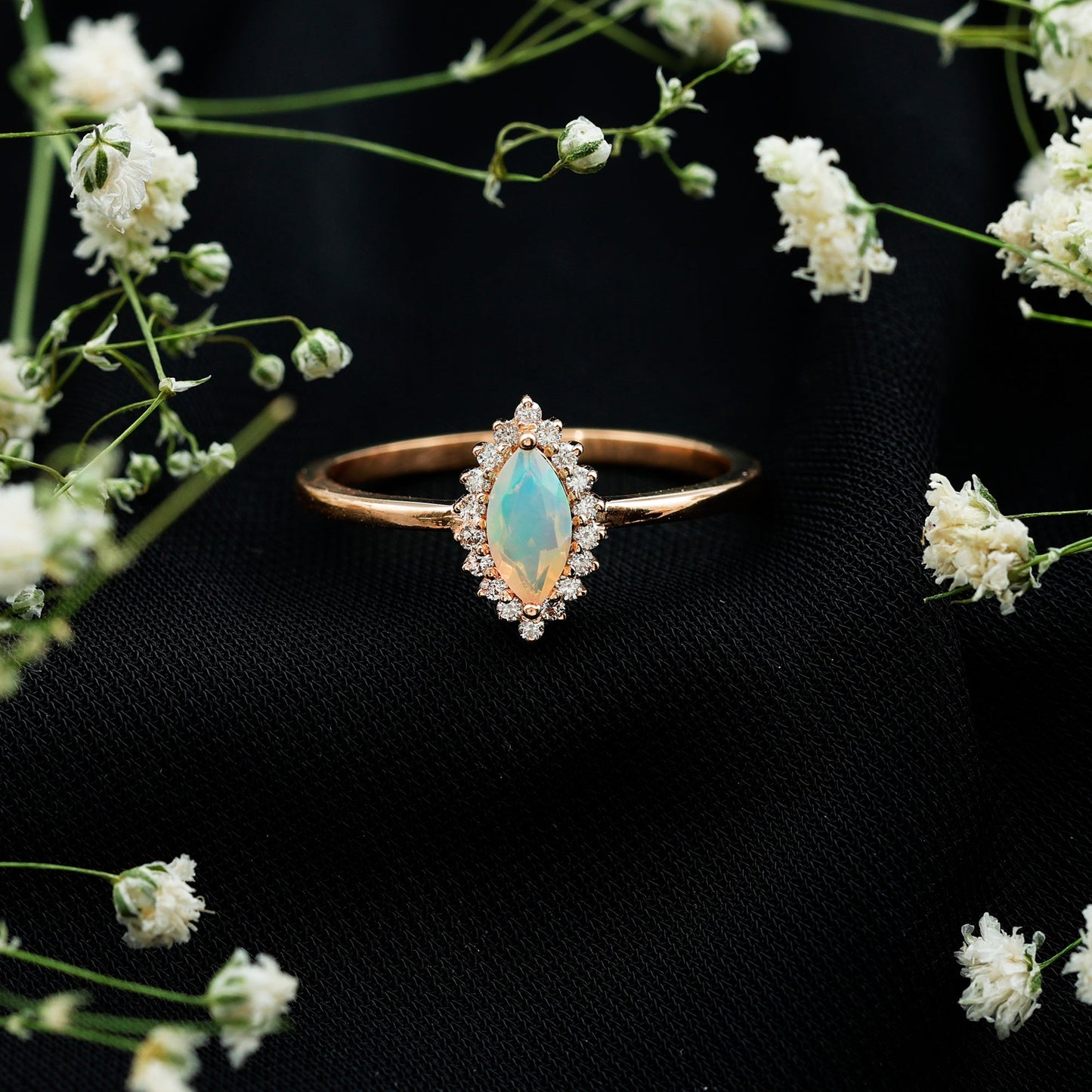 0.5 Carat Ethiopian Opal Marquise Cut Engagement Ring with Diamond Halo