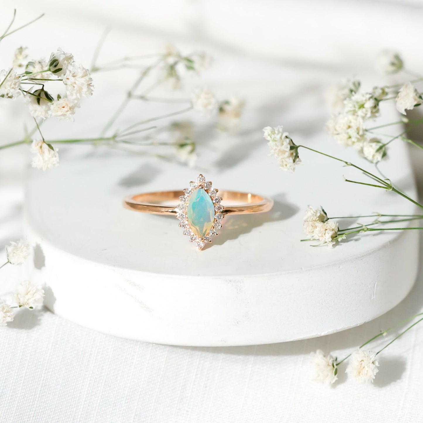 0.5 Carat Ethiopian Opal Marquise Cut Engagement Ring with Diamond Halo