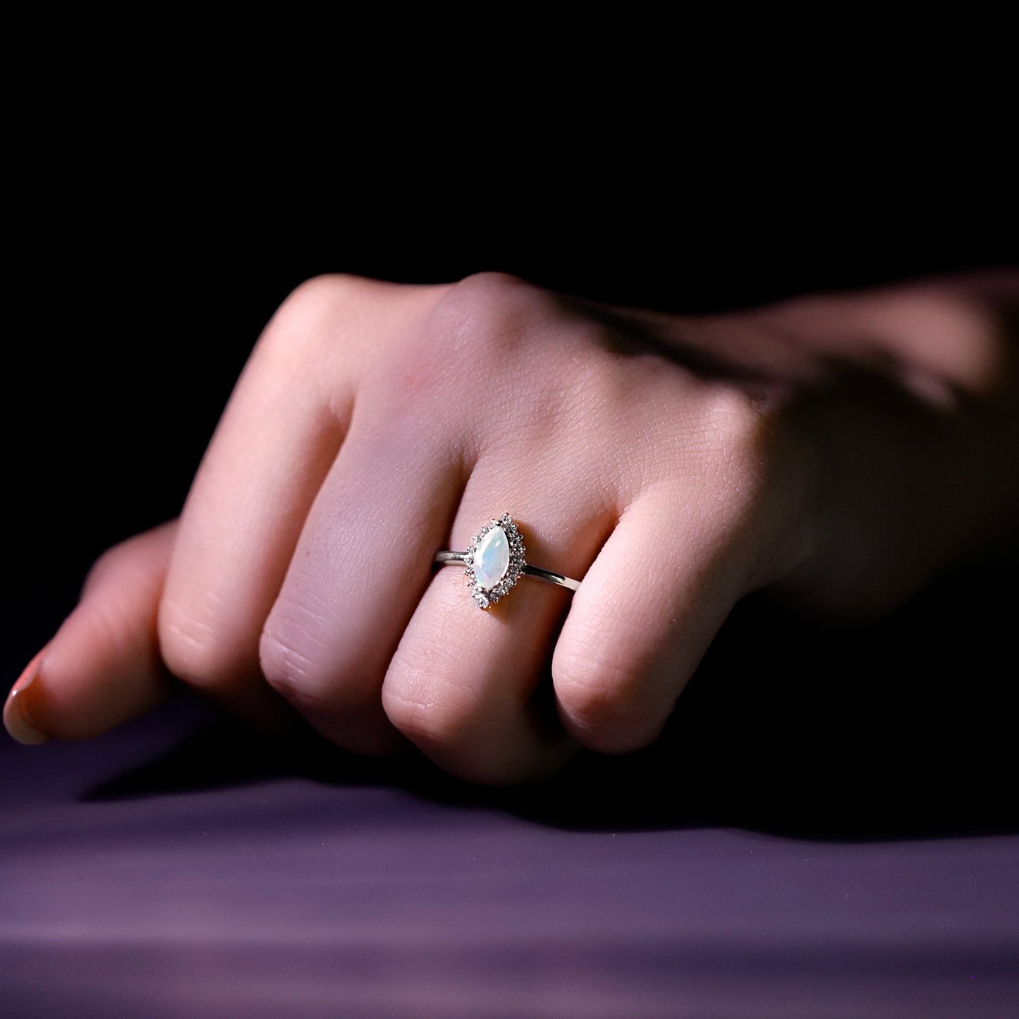 0.5 Carat Ethiopian Opal Marquise Cut Engagement Ring with Diamond Halo