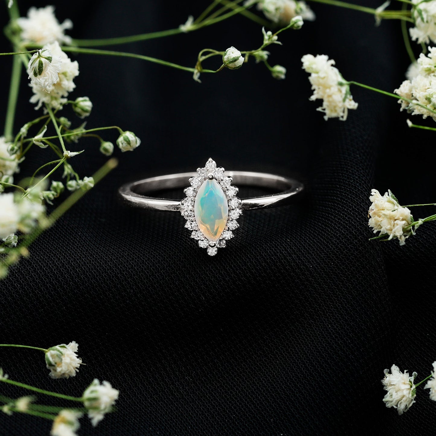 0.5 Carat Ethiopian Opal Marquise Cut Engagement Ring with Diamond Halo