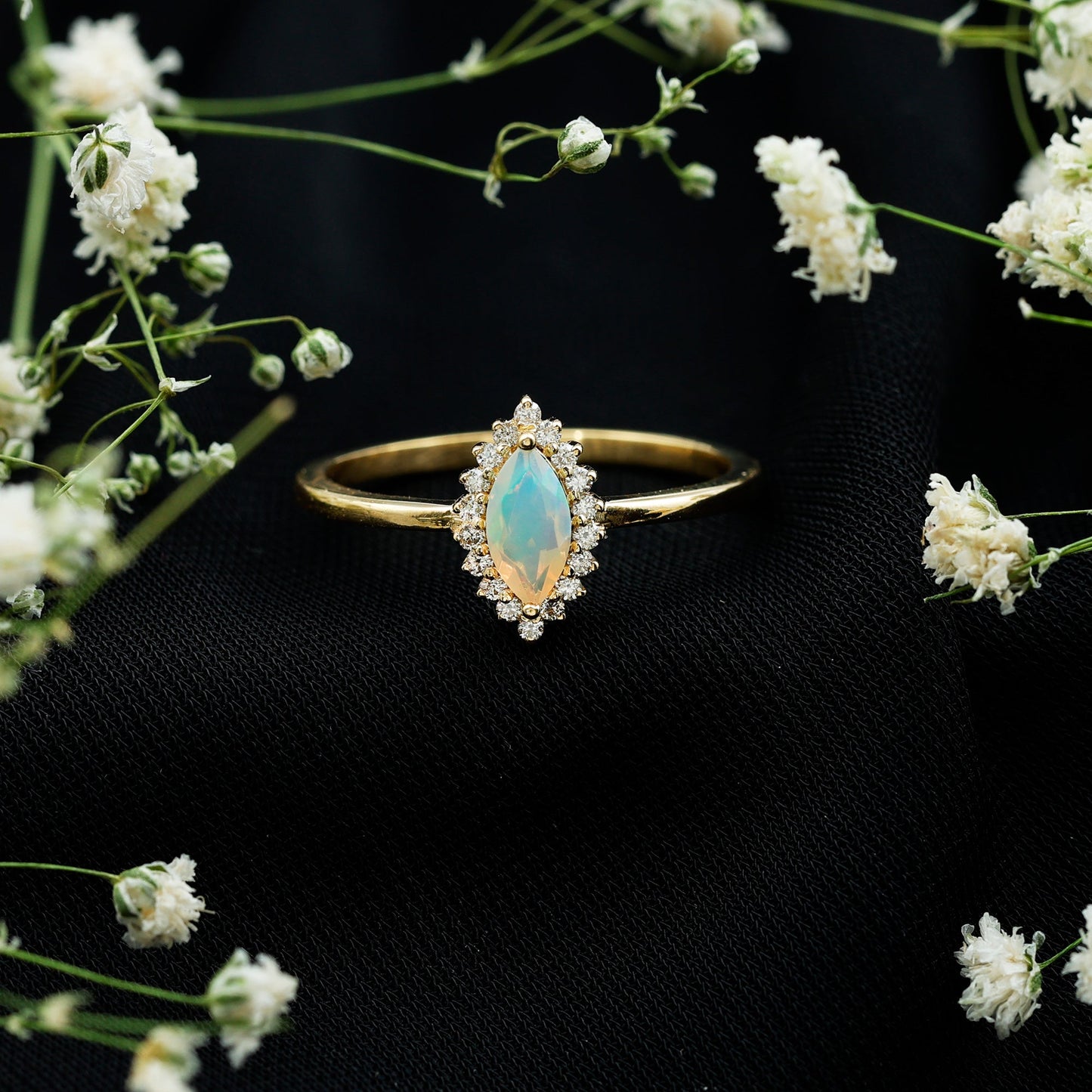 0.5 Carat Ethiopian Opal Marquise Cut Engagement Ring with Diamond Halo