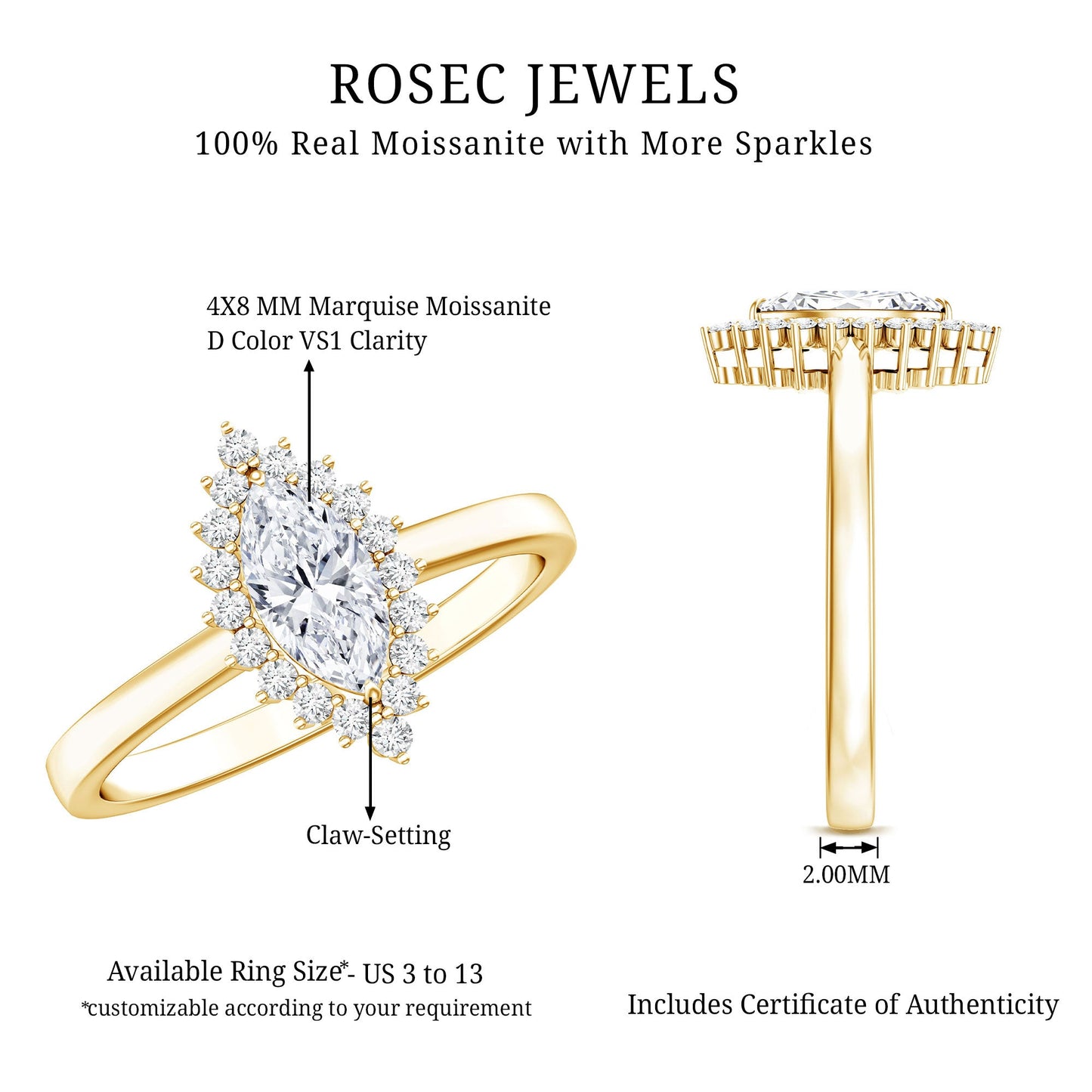 Certified Brilliant Cut Moissanite Marquise Engagement Ring