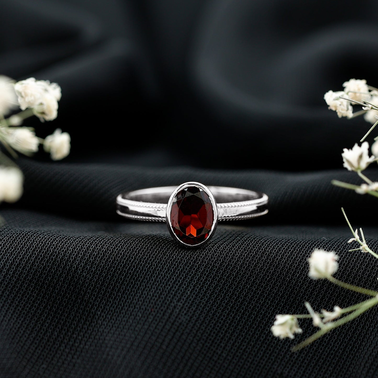 Certified Real Garnet Oval Engagement Ring in Bezel Setting