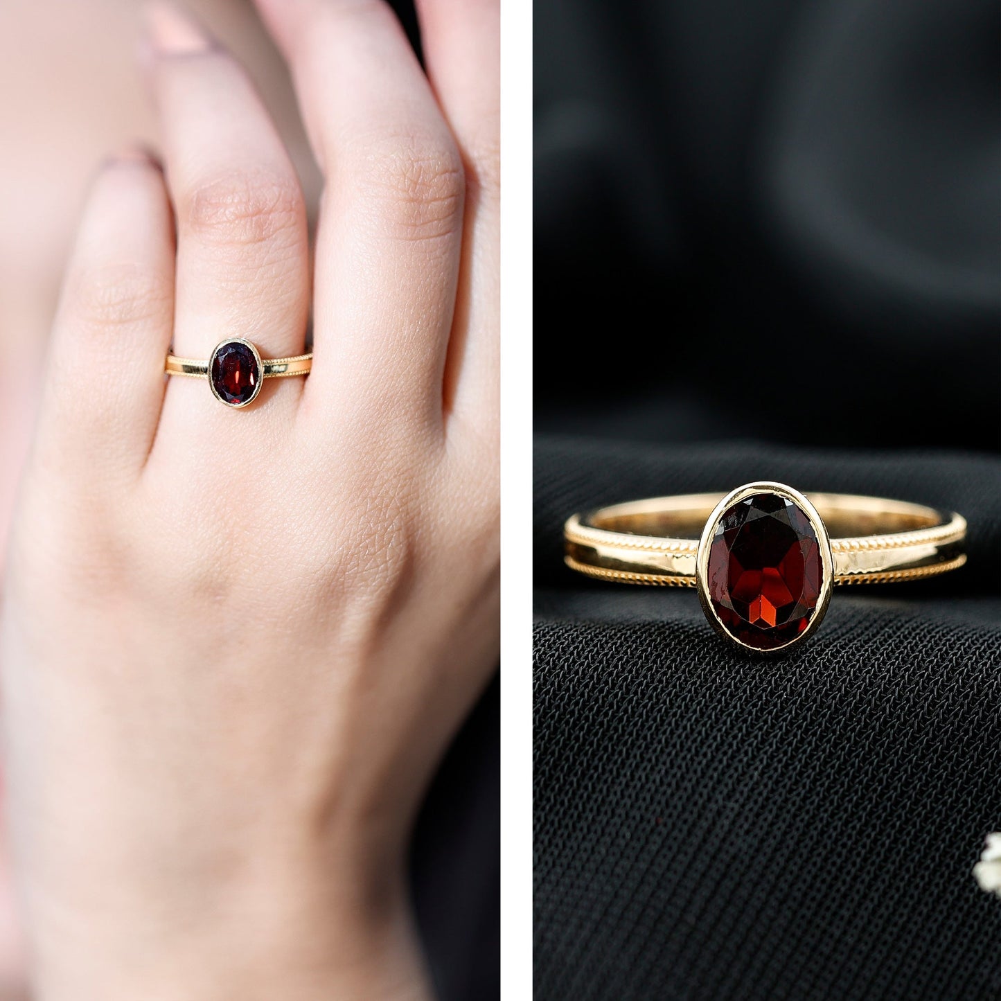 Certified Real Garnet Oval Engagement Ring in Bezel Setting