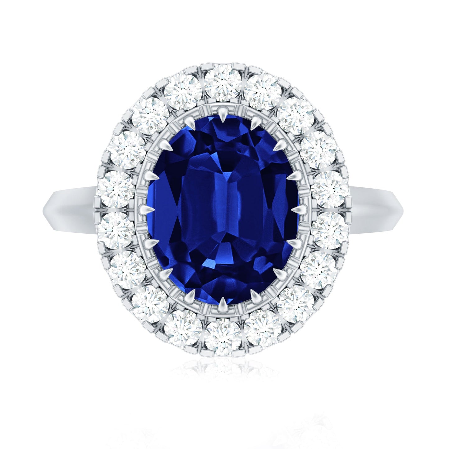 Certified 4 Carat Lab Grown Blue Sapphire Oval Engagement Ring with Diamond Halo