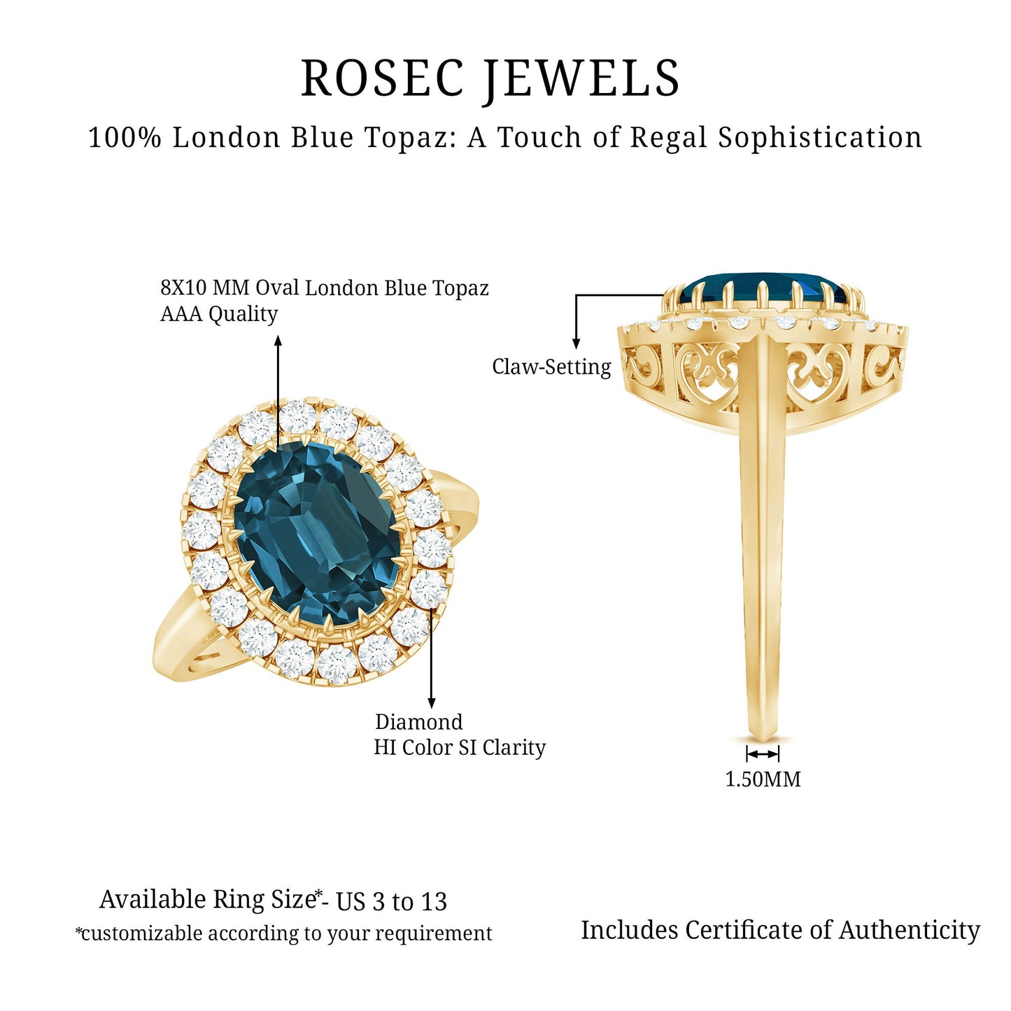 Genuine London Blue Topaz Statement Engagement Ring with Diamond