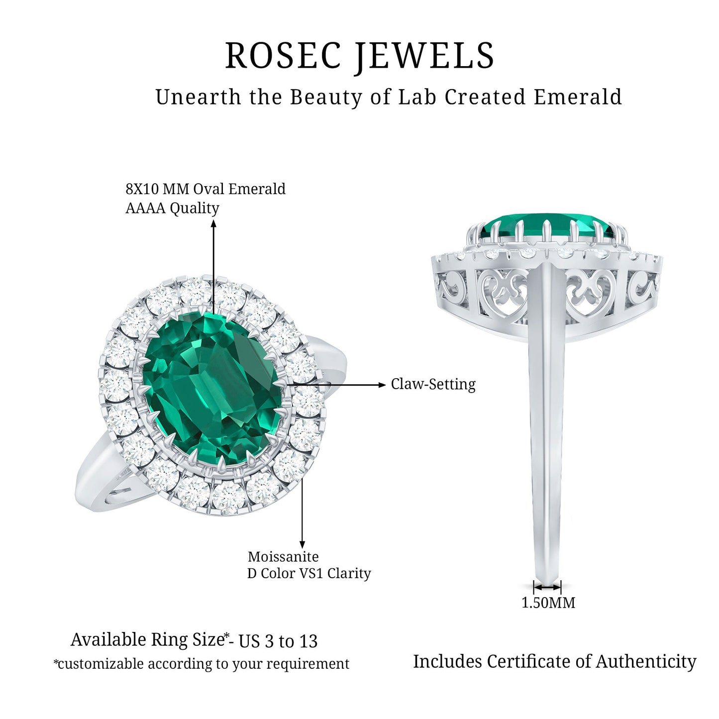 Certified 3 Carat Oval Lab Grown Emerald Vintage Looking Engagement Ring with Halo