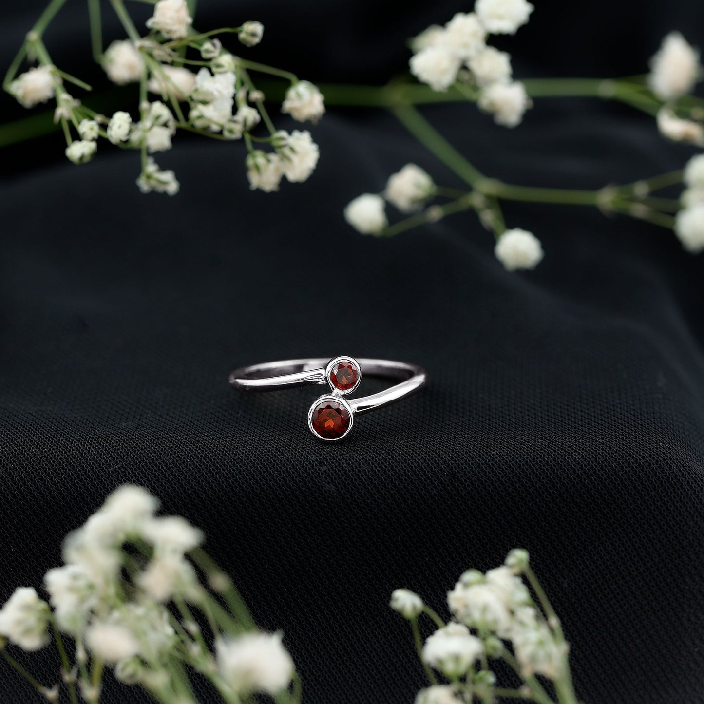 Natural Garnet 2 Stone Promise Ring with Bypass Shank