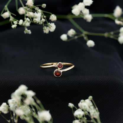 Natural Garnet 2 Stone Promise Ring with Bypass Shank