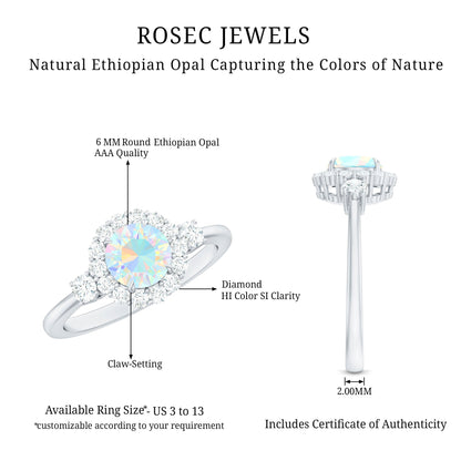 Classic Ethiopian Rainbow Opal Engagement Ring with Diamond Halo