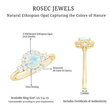 Classic Ethiopian Rainbow Opal Engagement Ring with Diamond Halo
