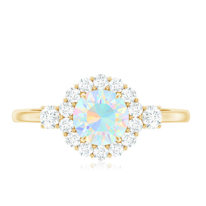 Classic Ethiopian Rainbow Opal Engagement Ring with Diamond Halo