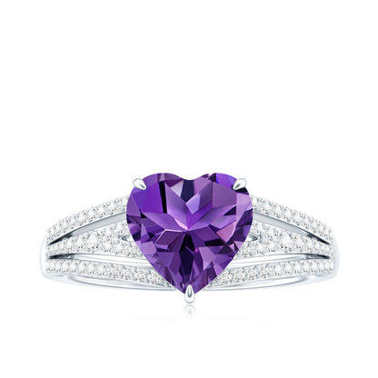 Natural 2 Carat Amethyst Heart Engagement Ring with Diamond Split Shank