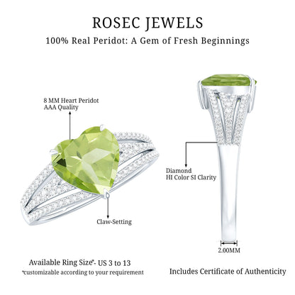Natural 2 Carat Peridot Heart Engagement Ring with Diamond