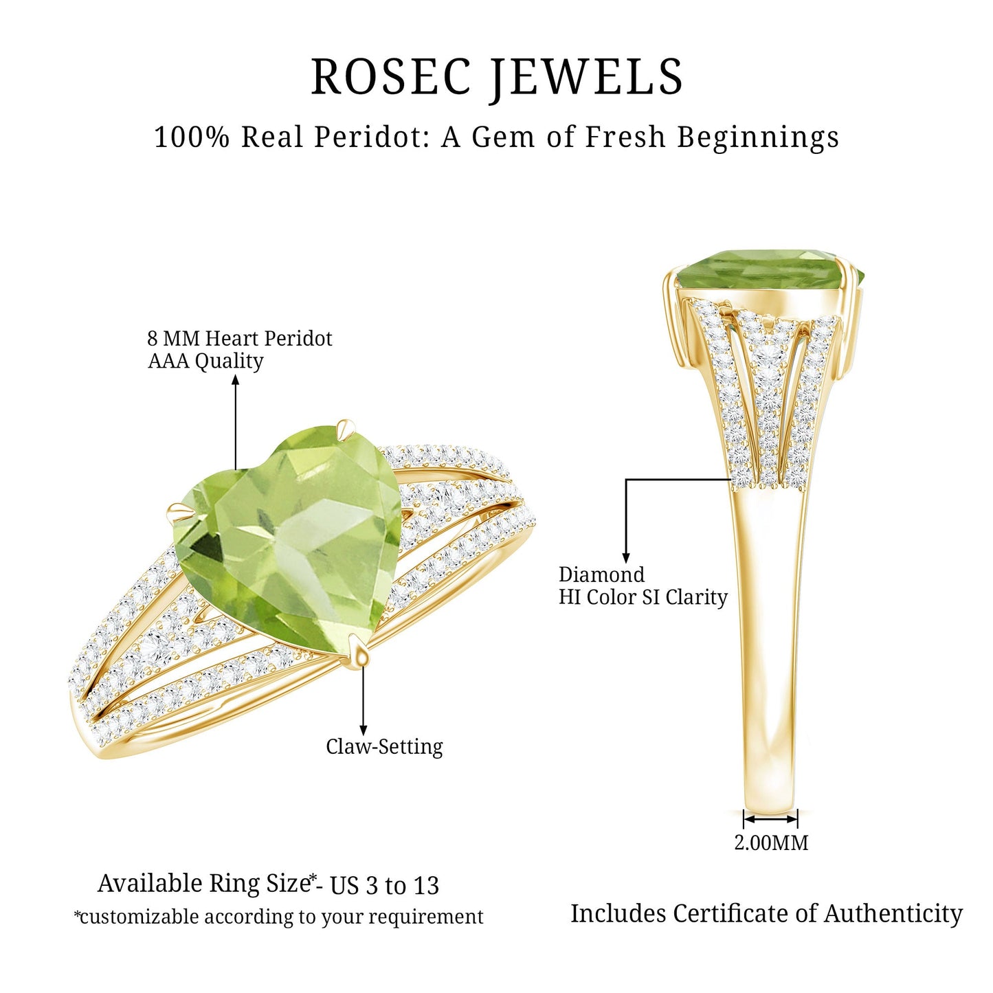 Natural 2 Carat Peridot Heart Engagement Ring with Diamond