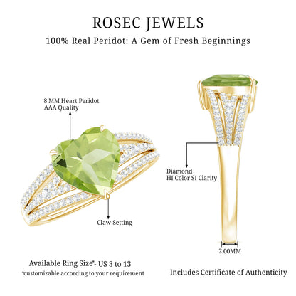 Natural 2 Carat Peridot Heart Engagement Ring with Diamond