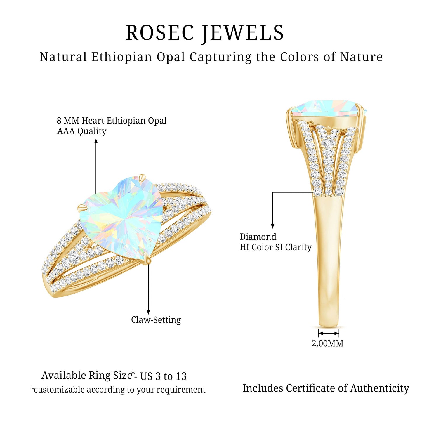 Designer Ethiopian Opal Heart Engagement Ring with Diamond Split Shank